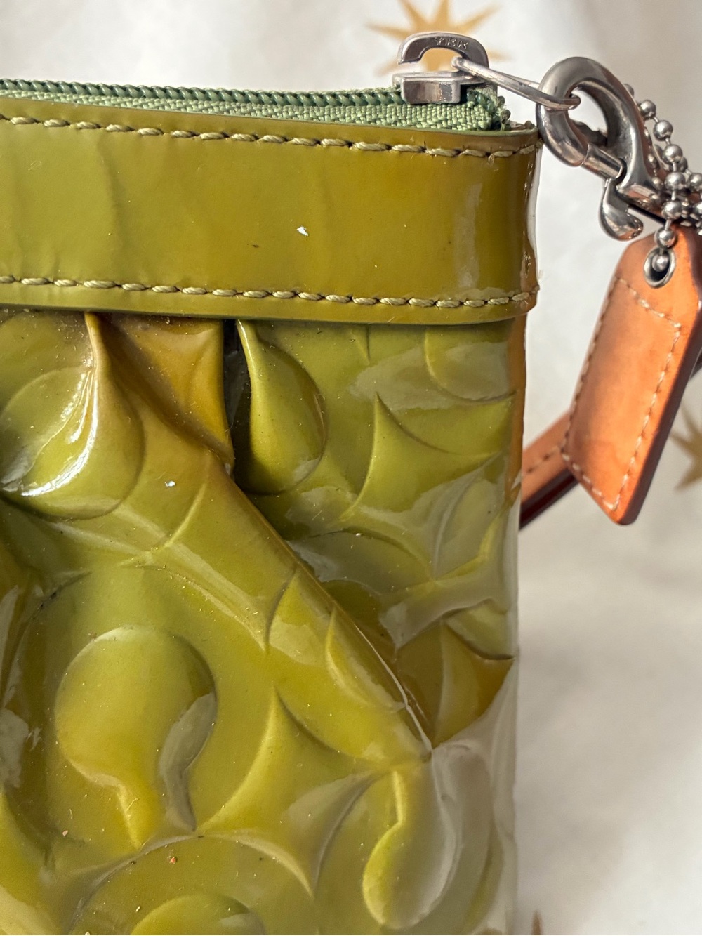 Coach Embossed Logo Patent Leather Wristlet Olive Green - Picture 11 of 14